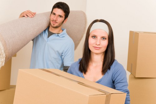 Packed office furniture and boxes ready for a Brompton commercial move